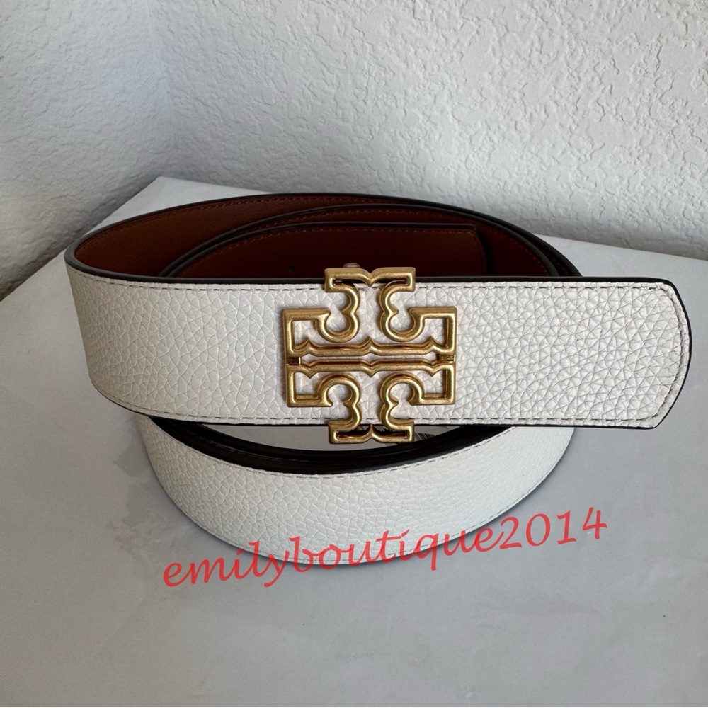 NWT Tory Burch Reversible Britten Logo Belt Ivory White Tan Brown Leather XXL
